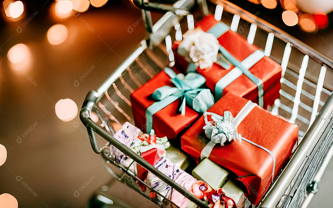 Presentes sobre carrinho de compras sobre fundo luzes de natal