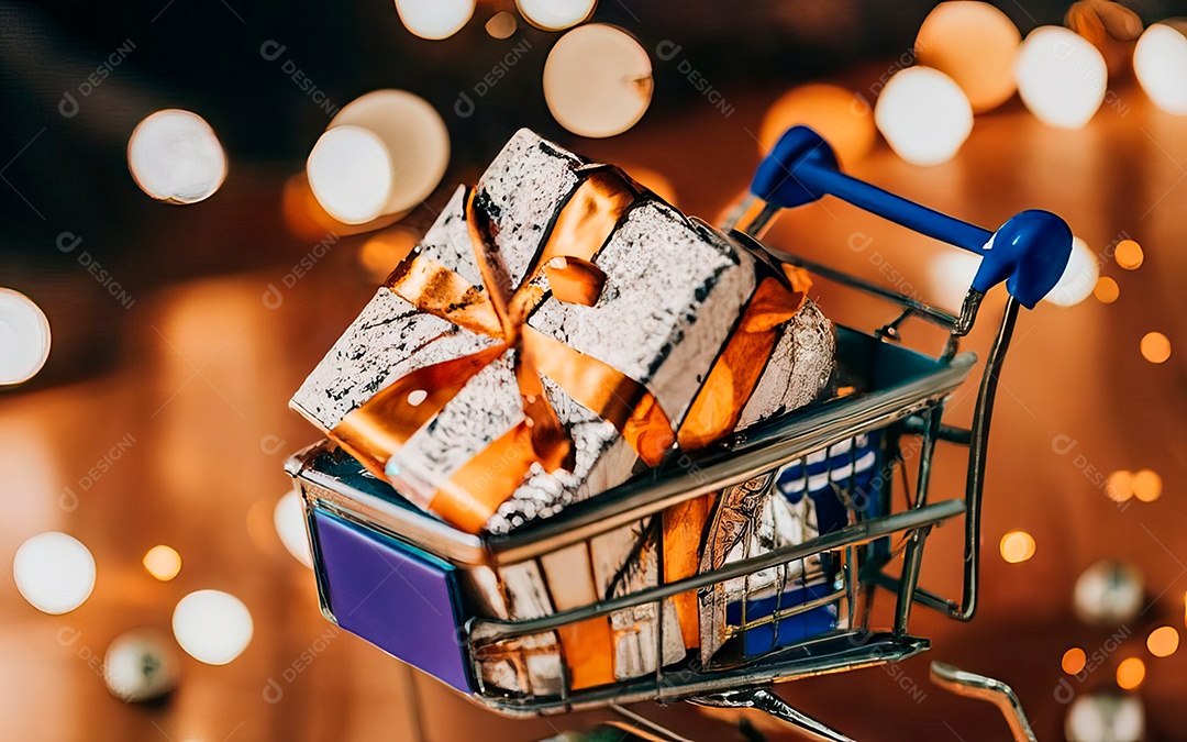 Presentes sobre carrinho de compras sobre fundo luzes de natal