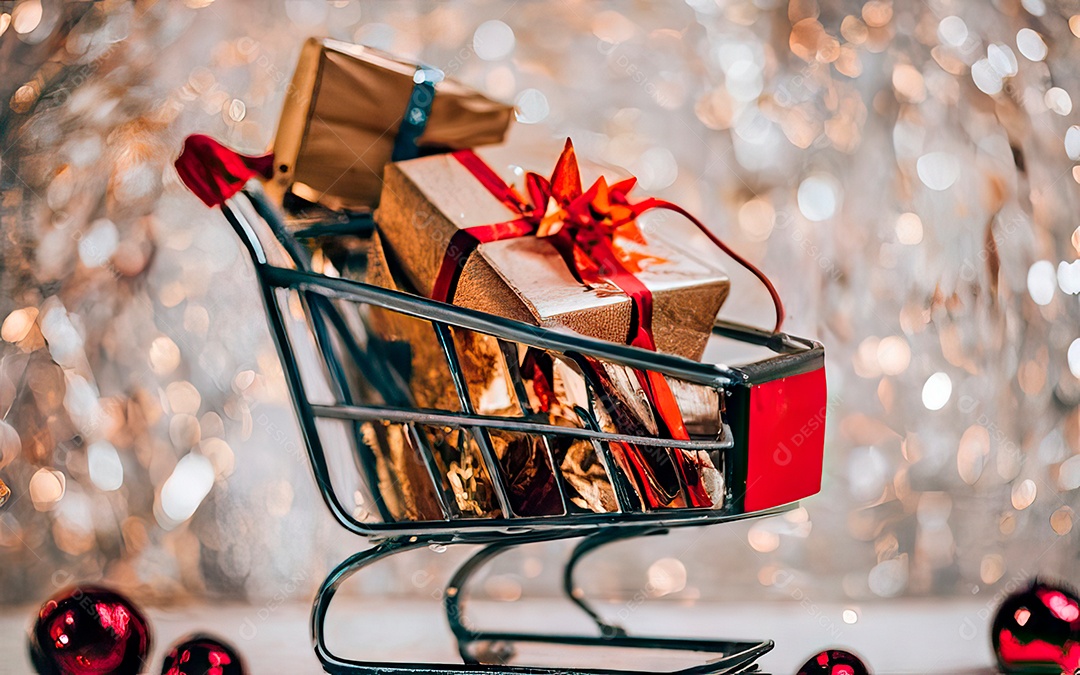 Presentes sobre carrinho de compras sobre fundo luzes de natal