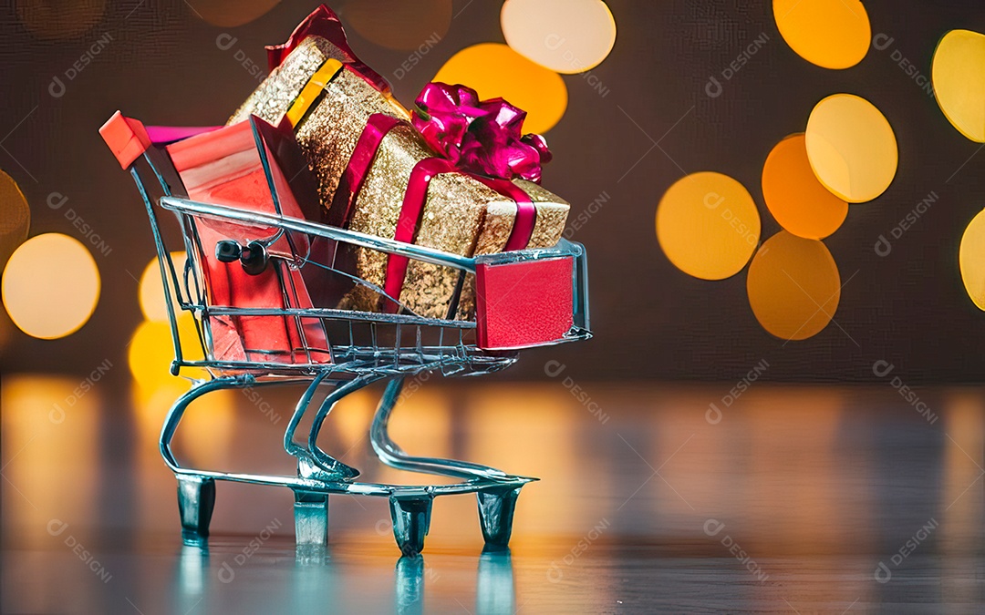 Presentes sobre carrinho de compras sobre fundo luzes de natal