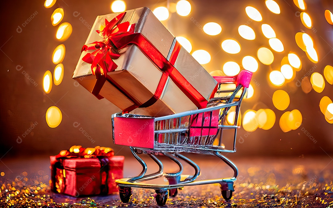 Presentes sobre carrinho de compras sobre fundo luzes de natal