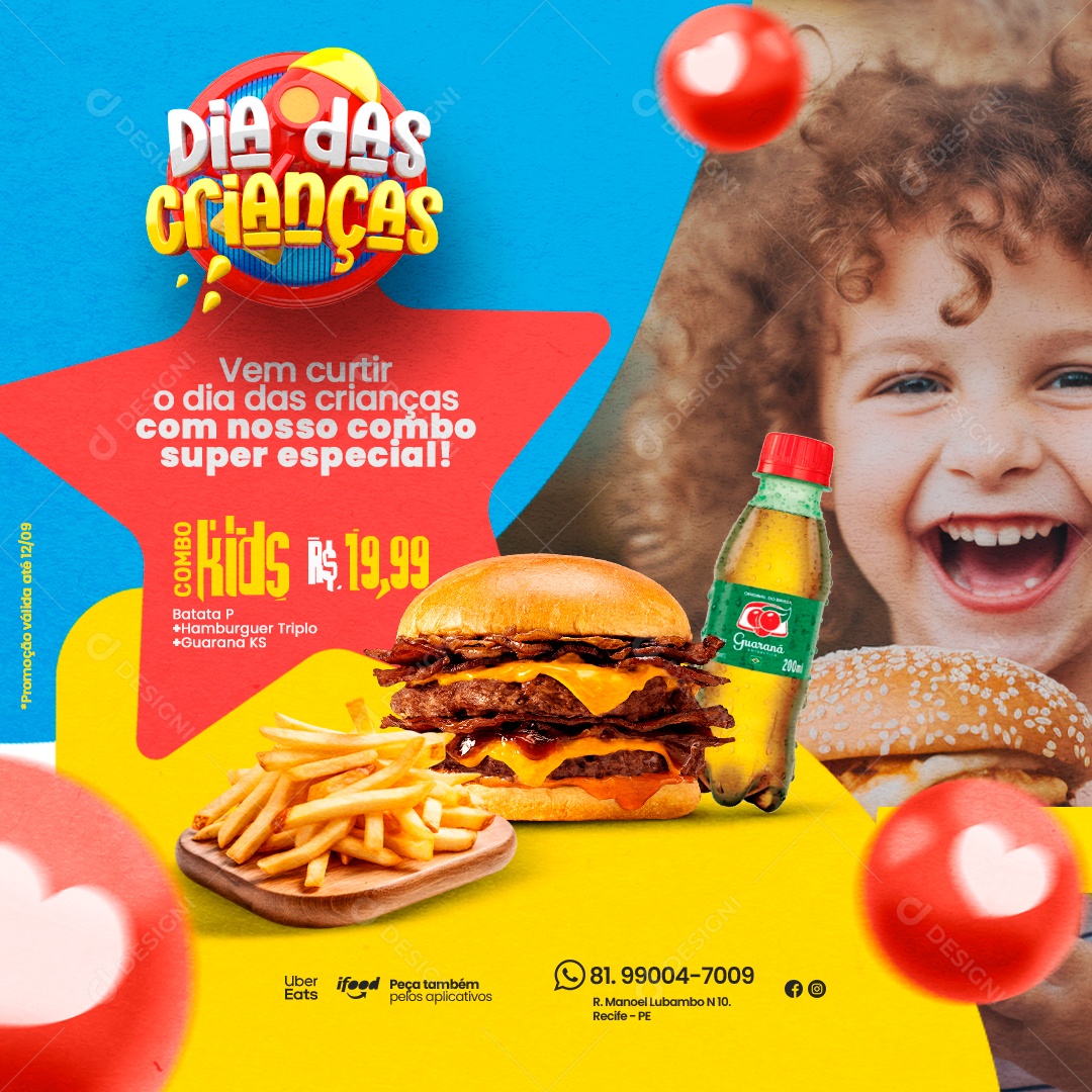 Hamburgueria Dias Das Crianças Combo Kids Vem Curtir nosso Combo Super Especial Social Media PSD Editável