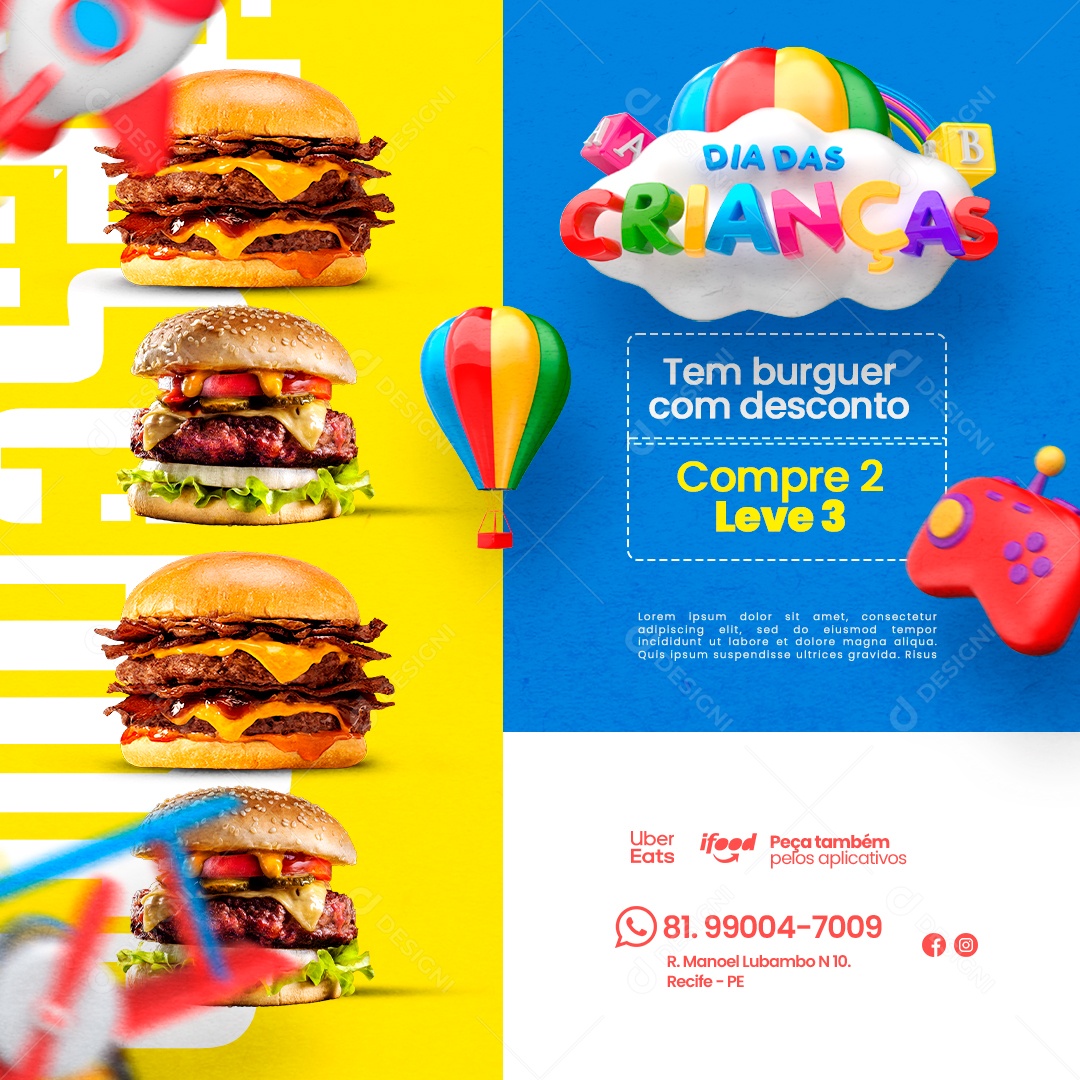 Hamburgueria Dias Das Crianças Tem Burguer com Desconto Compre 2 Leve 3 Social Media PSD Editável