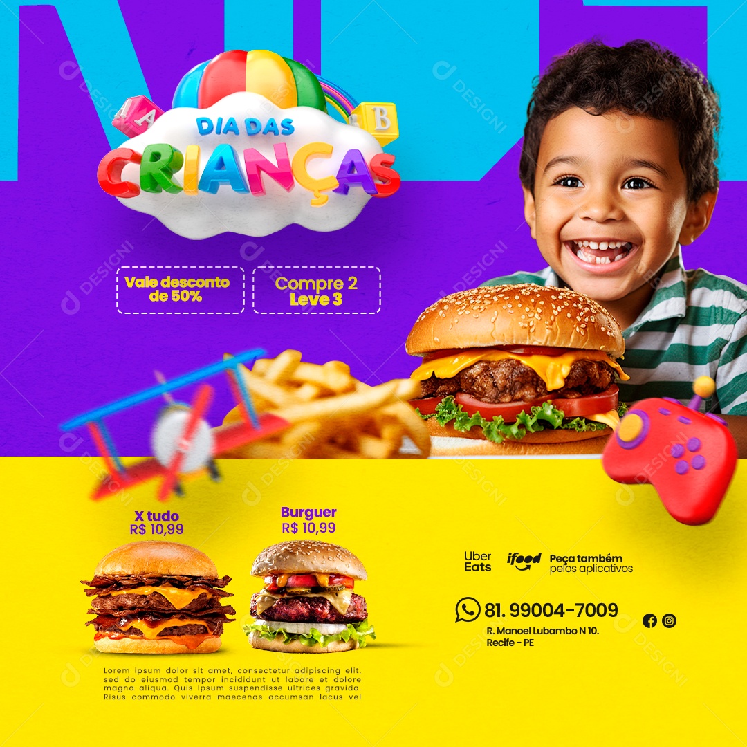 Hamburgueria Dias Das Crianças Vale Desconto de 50% Compre 2 Leve 3 X Tudo Burguer Social Media PSD Editável