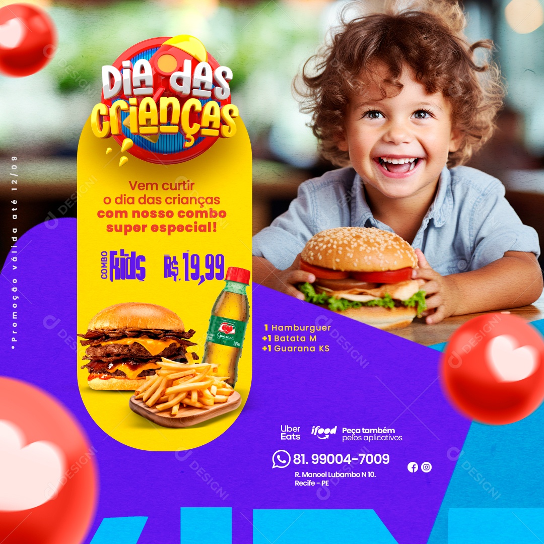 Hamburgueria Dias Das Crianças Vem Curtir nosso Combo Super Especial Hambúrguer Refrigerante e Batata Frita Social Media PSD Editável