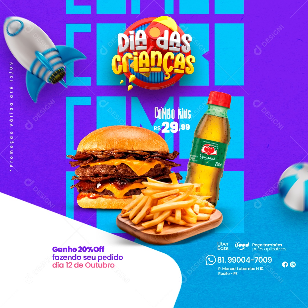 Hamburgueria Dias Das Crianças Combo Kids Hambúrguer Refrigerante Batata Frita Social Media PSD Editável