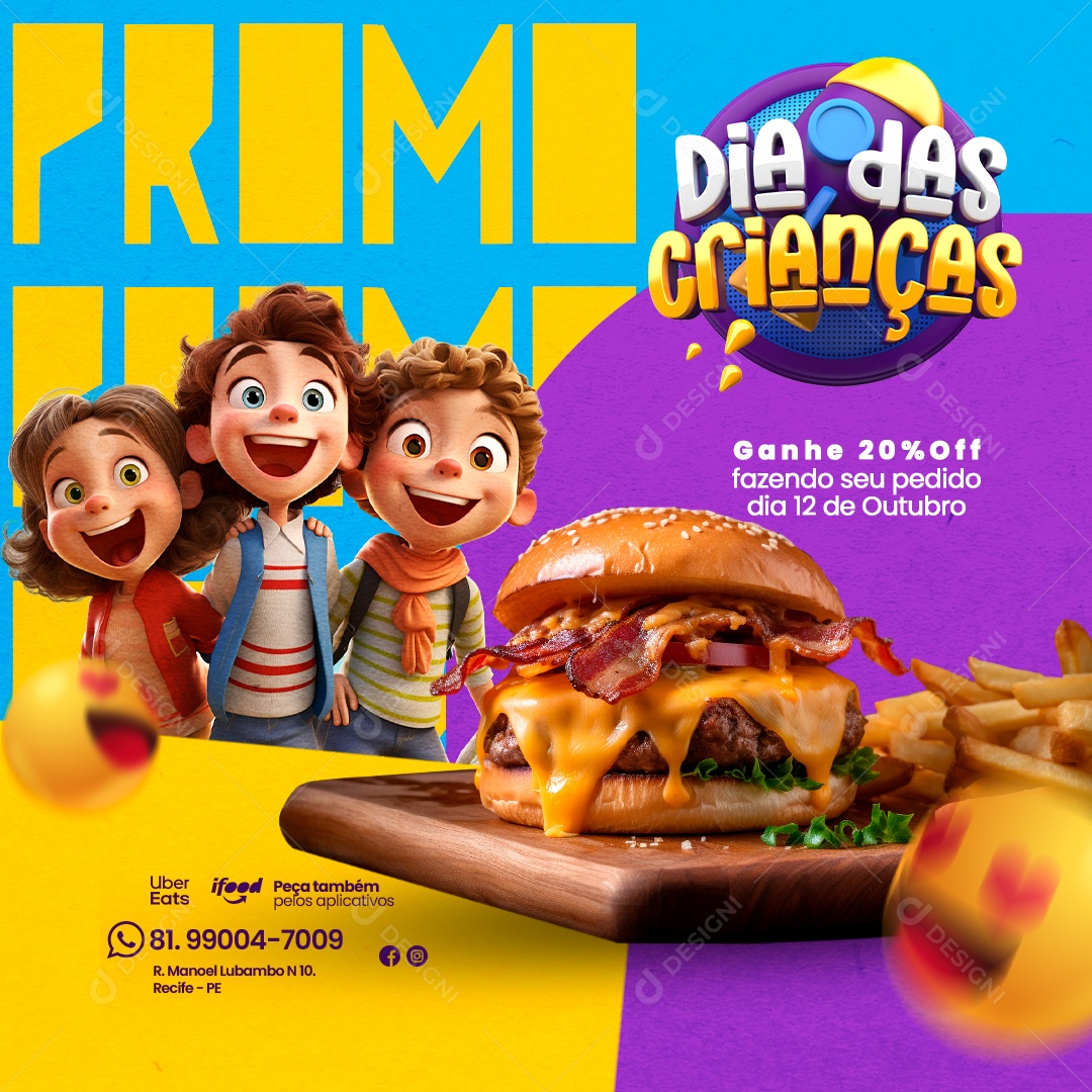 Hamburgueria Dias Das Crianças Promo Ganhe 20% Off Fazendo seu Pedido Dia 12 de Outubro Social Media PSD Editável