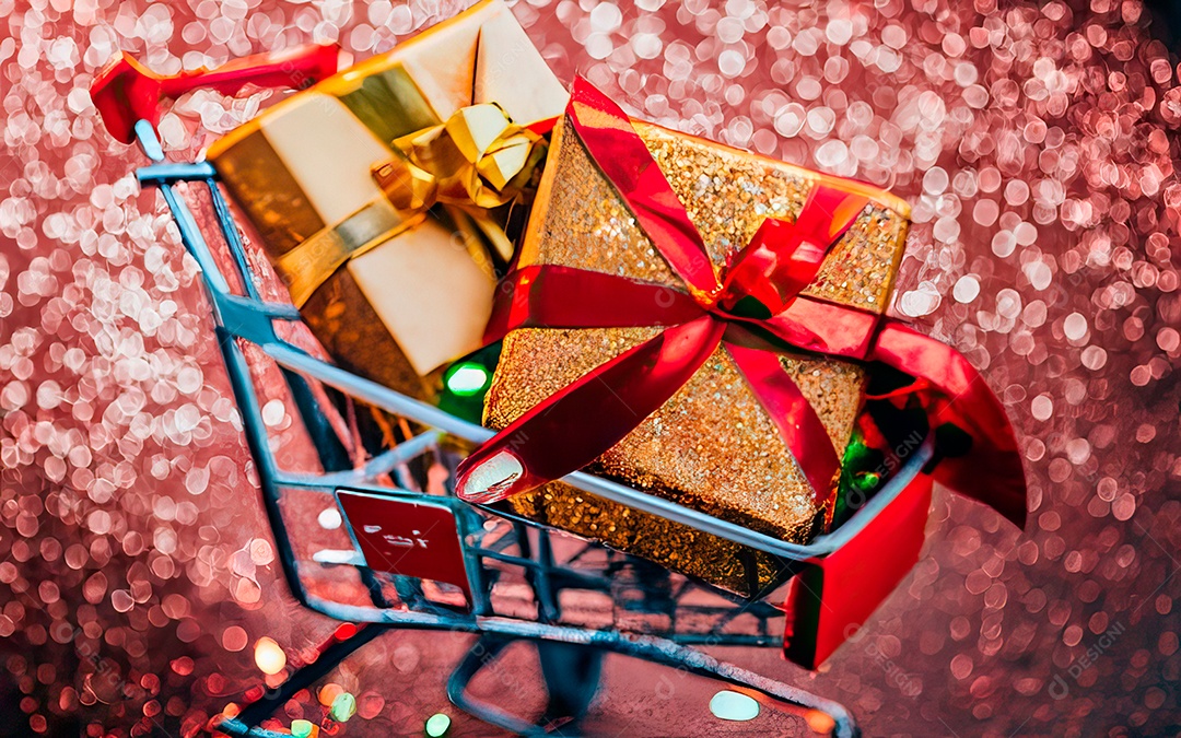 Presentes sobre carrinho de compras sobre fundo luzes de natal