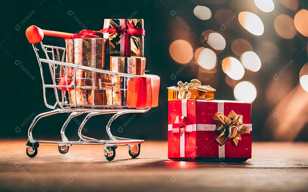 Presentes sobre carrinho de compras sobre fundo luzes de natal