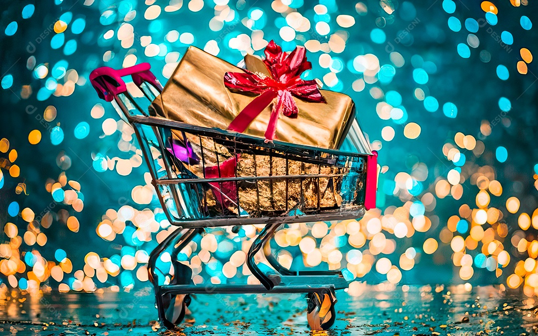 Presentes sobre carrinho de compras sobre fundo luzes de natal