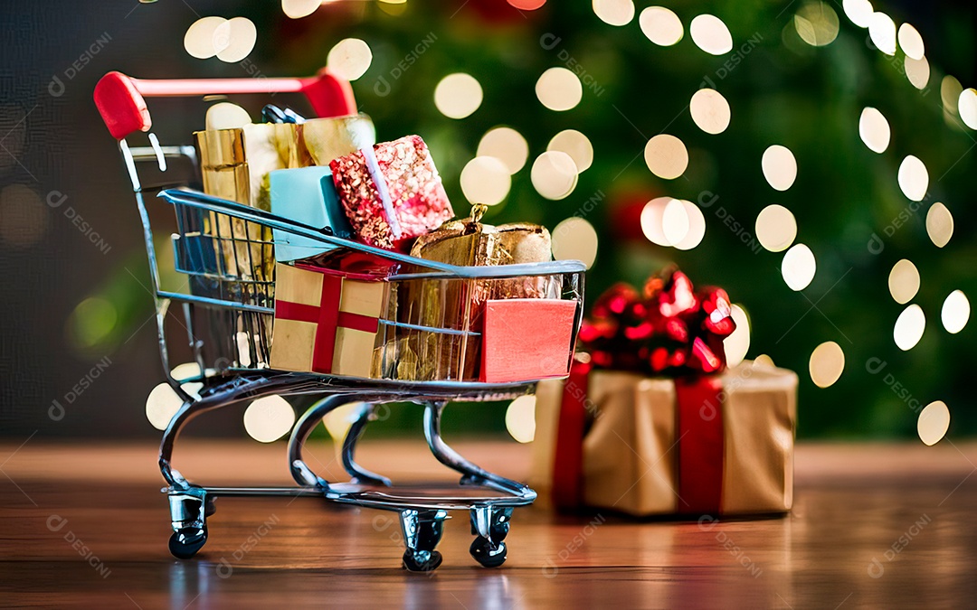 Presentes sobre carrinho de compras sobre fundo luzes de natal