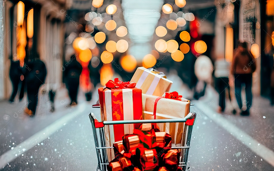 Presentes sobre carrinho de compras sobre fundo luzes de natal
