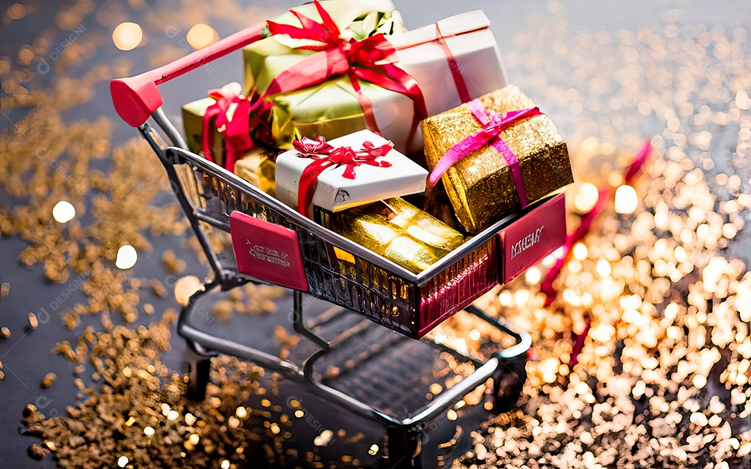 Presentes sobre carrinho de compras sobre fundo luzes de natal