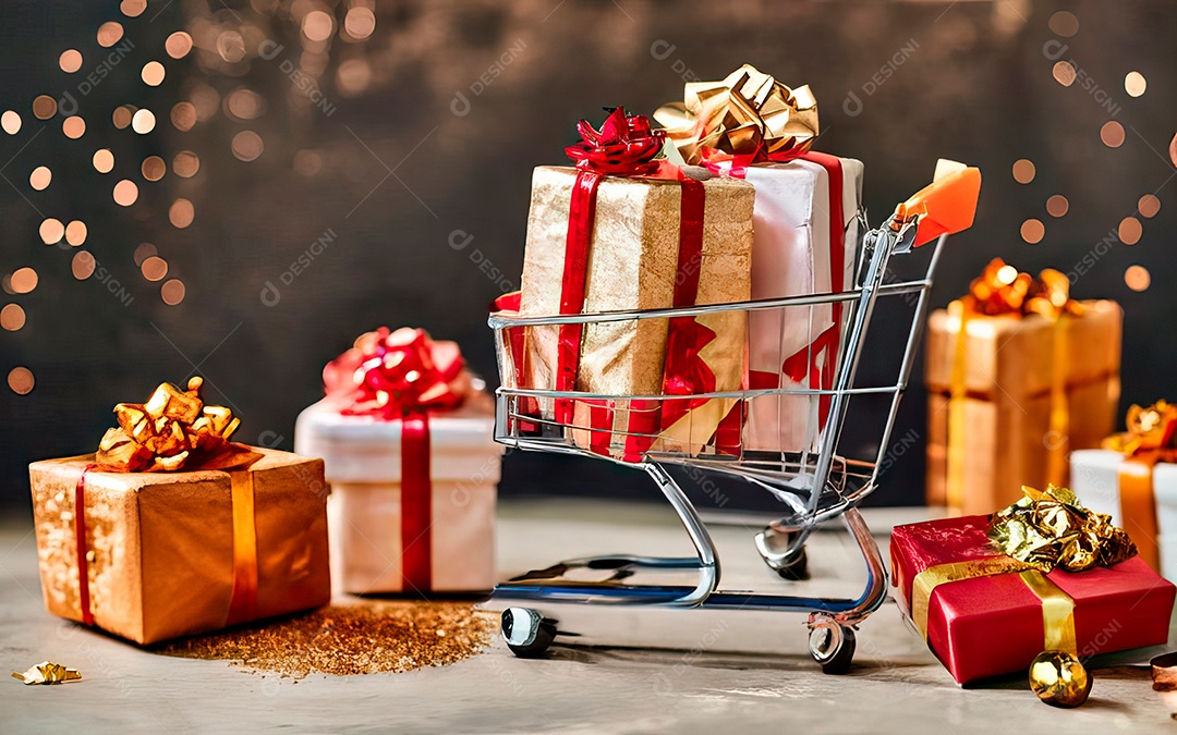 Presentes sobre carrinho de compras sobre fundo luzes de natal