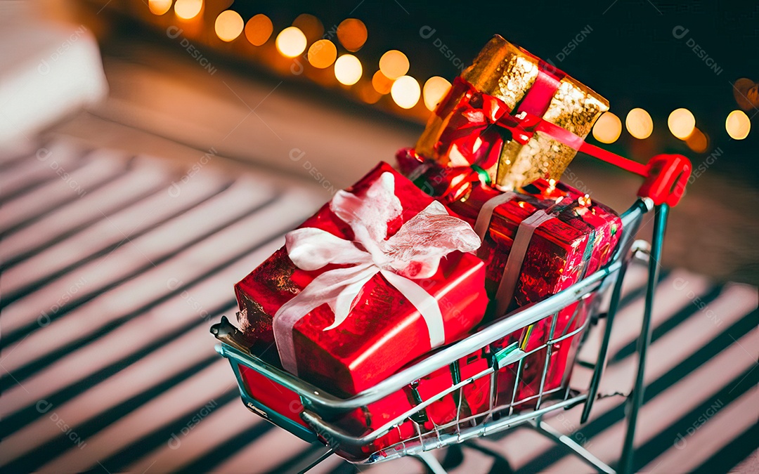 Presentes sobre carrinho de compras sobre fundo luzes de natal