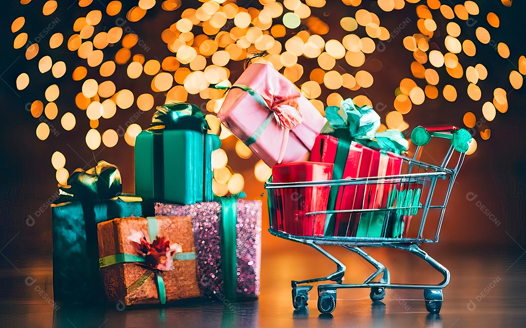 Presentes sobre carrinho de compras sobre fundo luzes de natal
