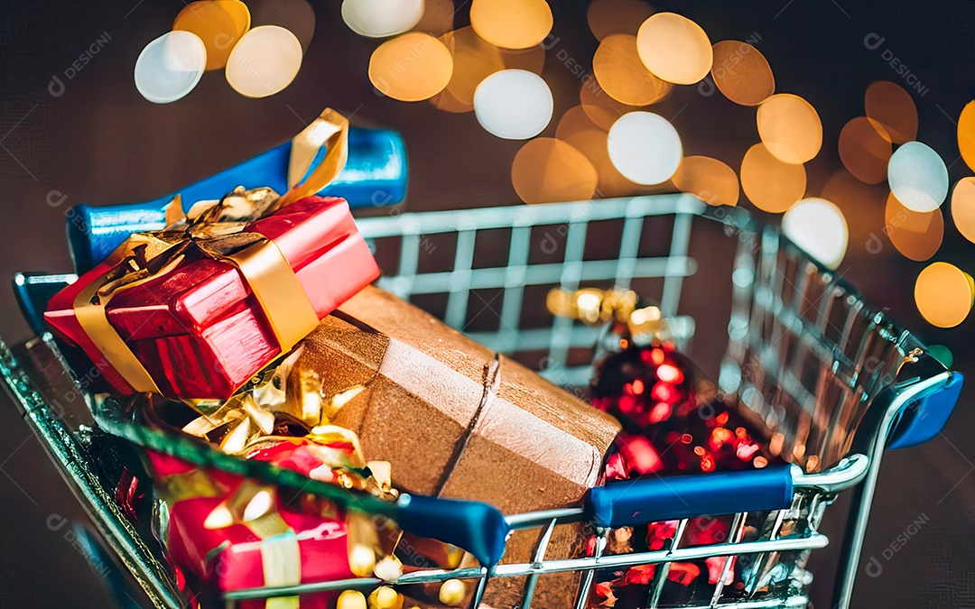 Presentes sobre carrinho de compras sobre fundo luzes de natal