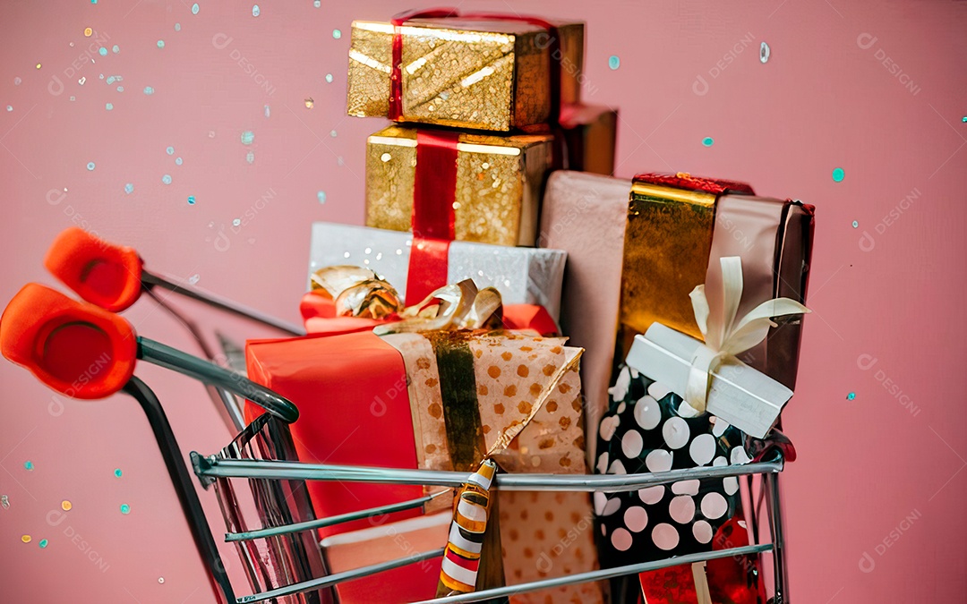 Presentes sobre carrinho de compras sobre fundo luzes de natal