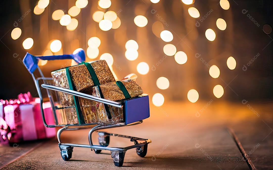 Presentes sobre carrinho de compras sobre fundo luzes de natal
