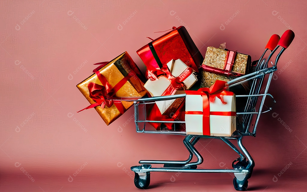 Presentes sobre carrinho de compras sobre fundo luzes de natal