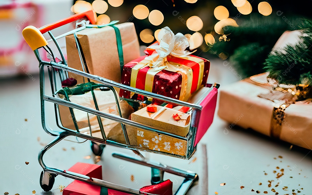 Presentes sobre carrinho de compras sobre fundo luzes de natal