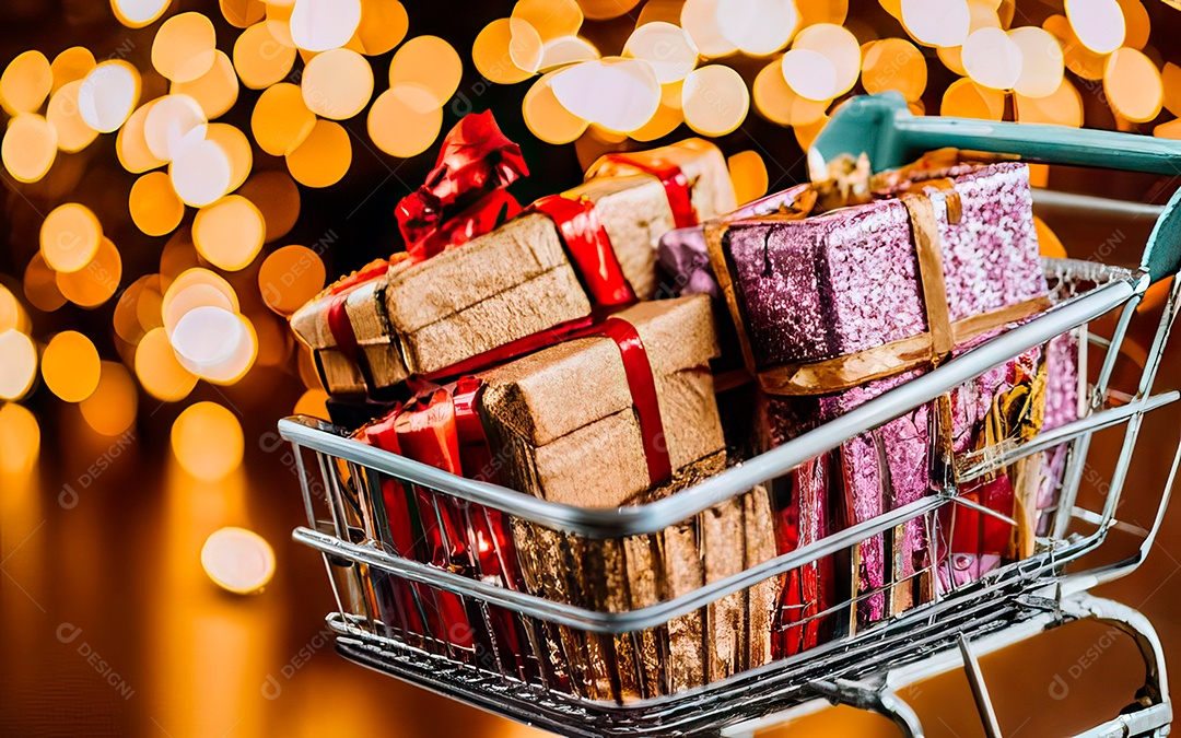 Presentes sobre carrinho de compras sobre fundo luzes de natal