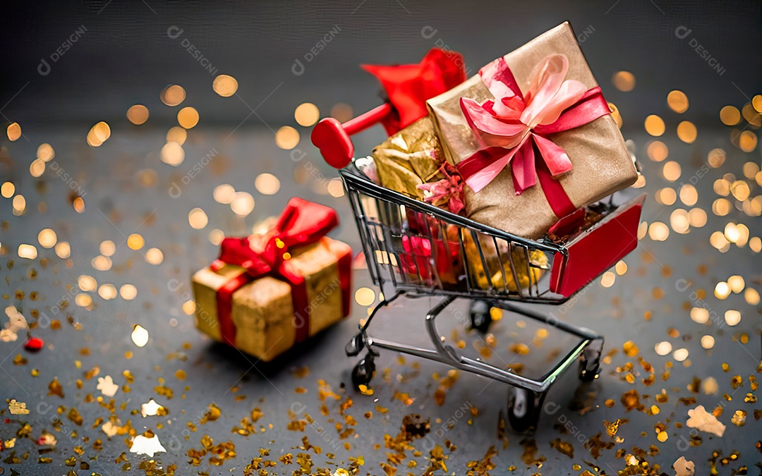 Presentes sobre carrinho de compras sobre fundo luzes de natal
