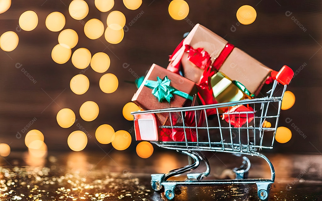 Presentes sobre carrinho de compras sobre fundo luzes de natal
