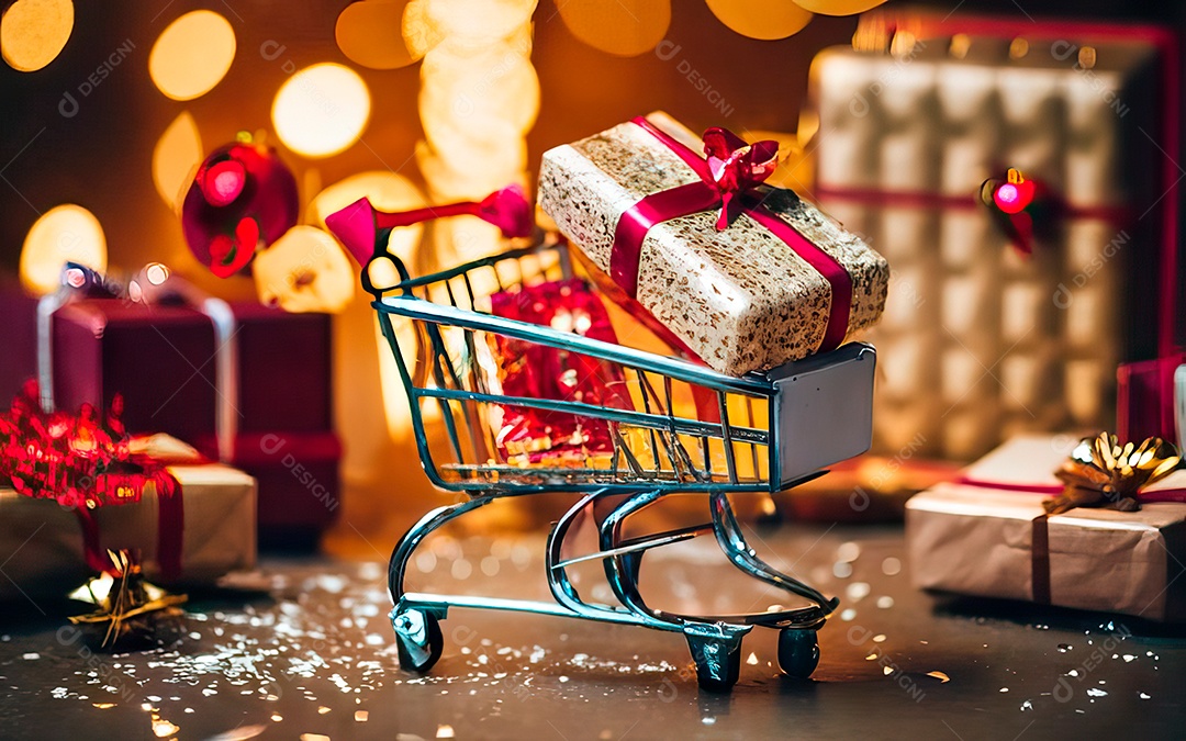 Presentes sobre carrinho de compras sobre fundo luzes de natal