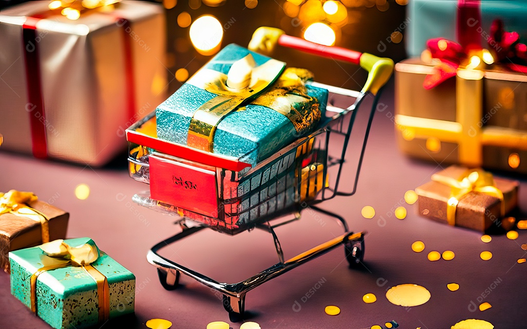 Presentes sobre carrinho de compras sobre fundo luzes de natal