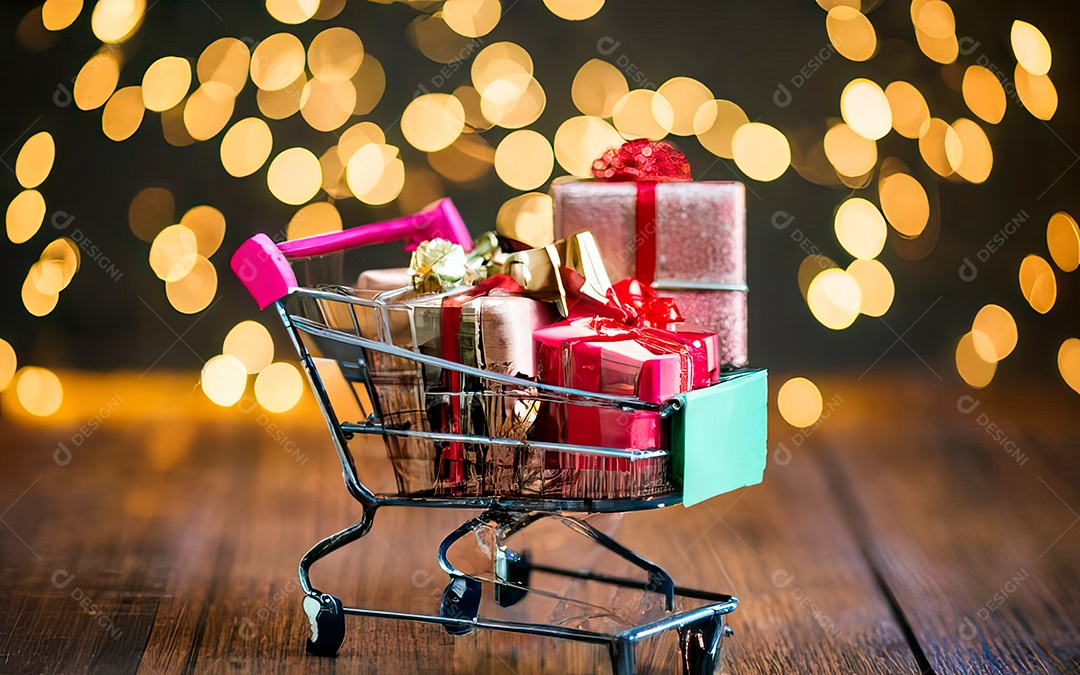 Presentes sobre carrinho de compras sobre fundo luzes de natal