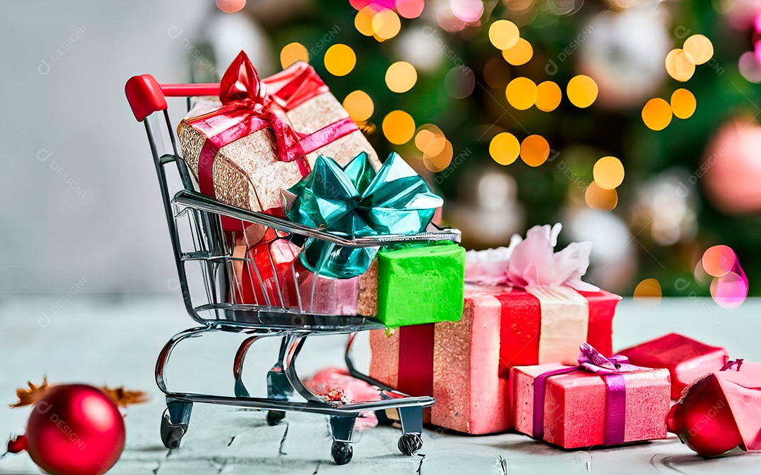 Presentes sobre carrinho de compras sobre fundo luzes de natal