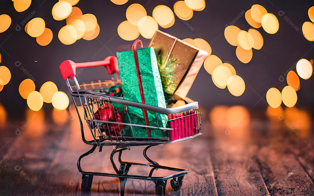 Presentes sobre carrinho de compras sobre fundo luzes de natal