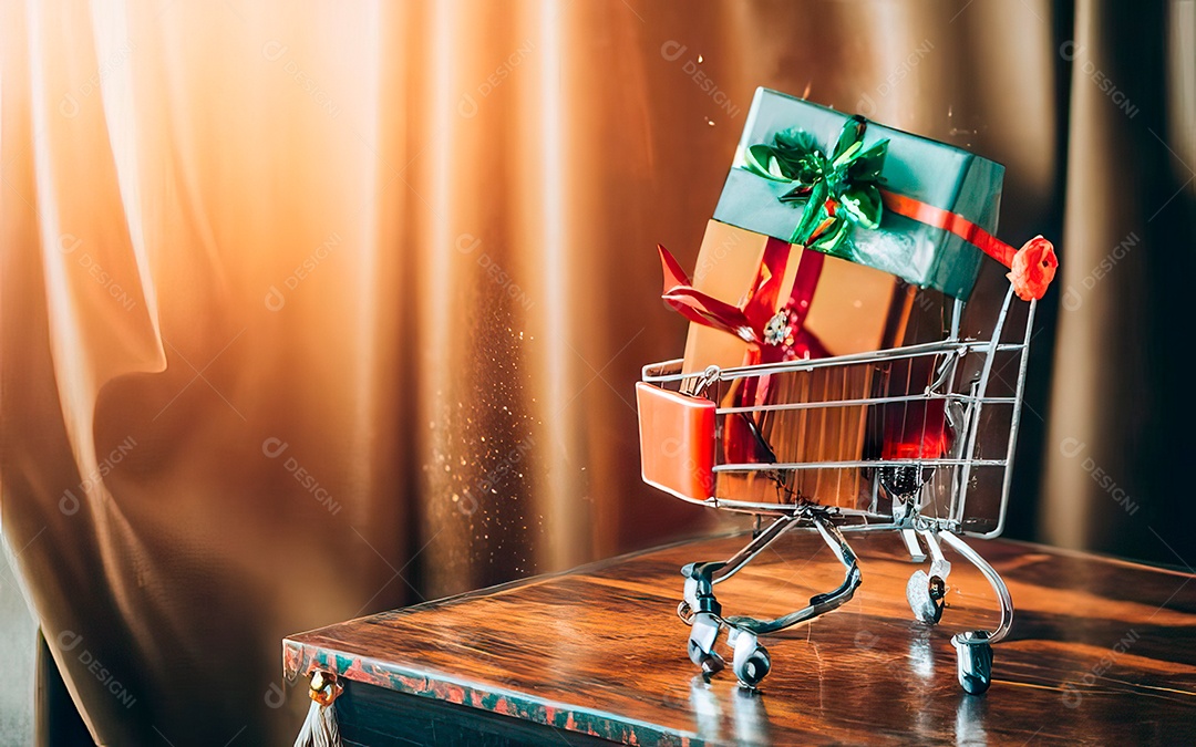 Presentes sobre carrinho de compras sobre fundo luzes de natal