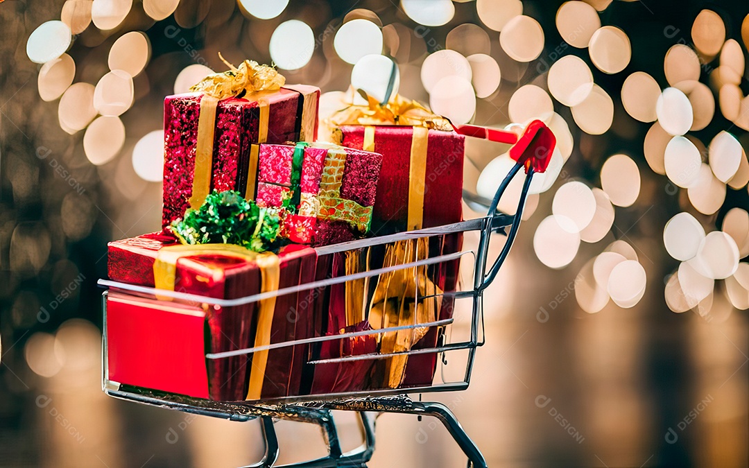 Presentes sobre carrinho de compras sobre fundo luzes de natal
