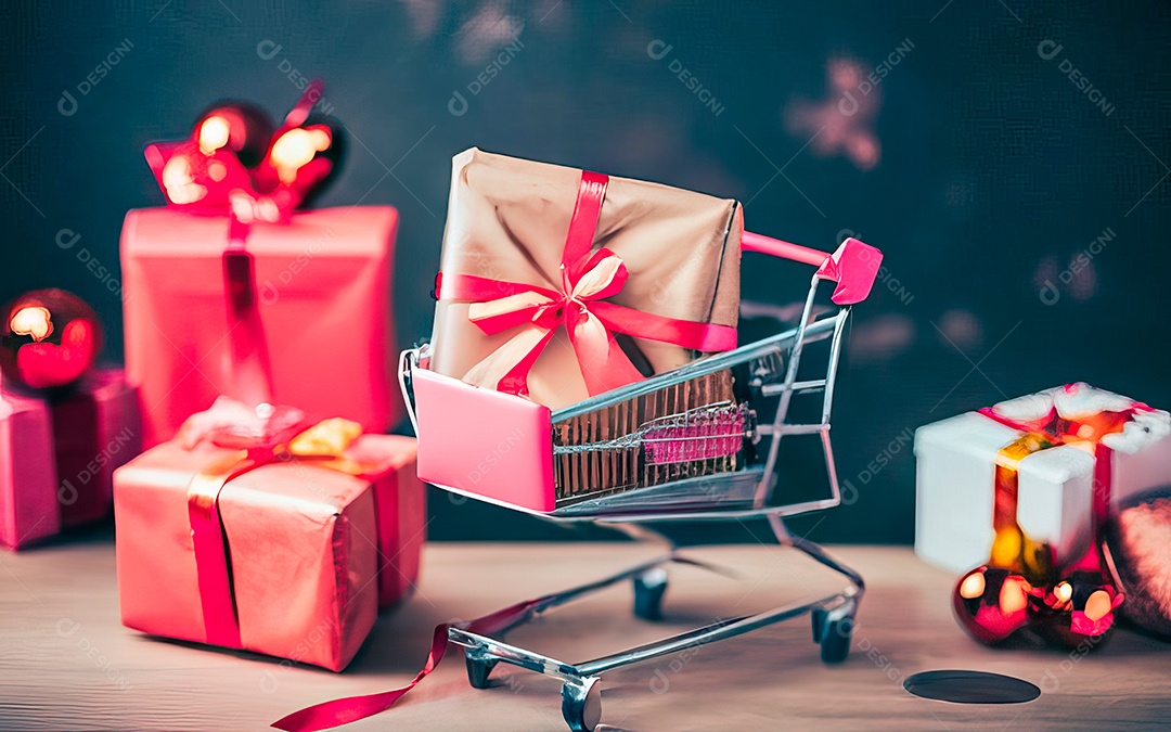 Presentes sobre carrinho de compras sobre fundo luzes de natal