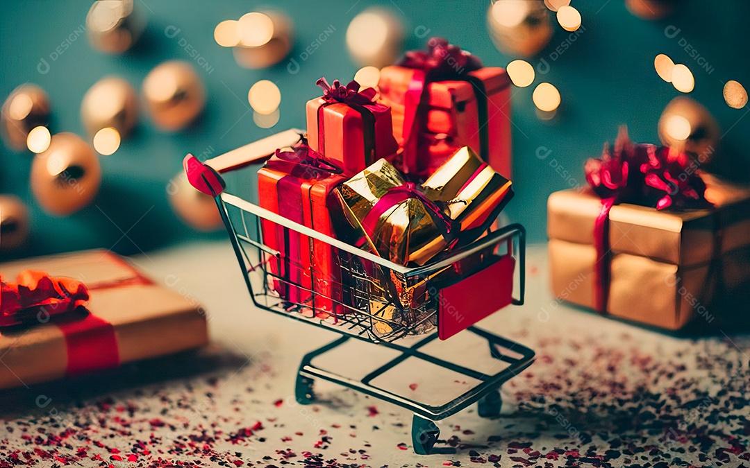 Presentes sobre carrinho de compras sobre fundo luzes de natal