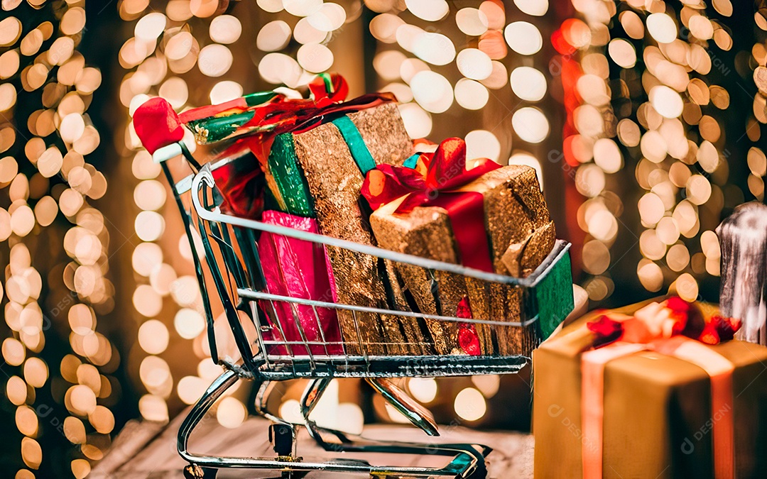 Presentes sobre carrinho de compras sobre fundo luzes de natal