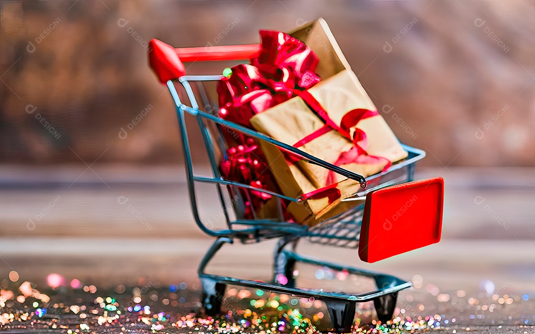 Presentes sobre carrinho de compras sobre fundo luzes de natal