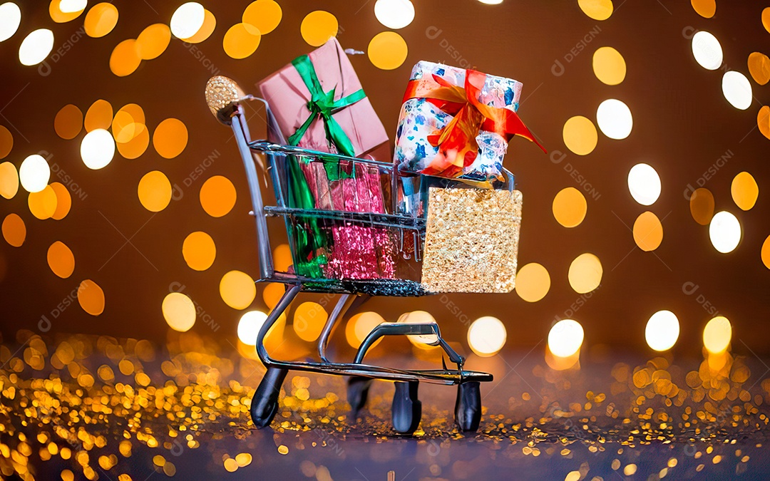 Presentes sobre carrinho de compras sobre fundo luzes de natal