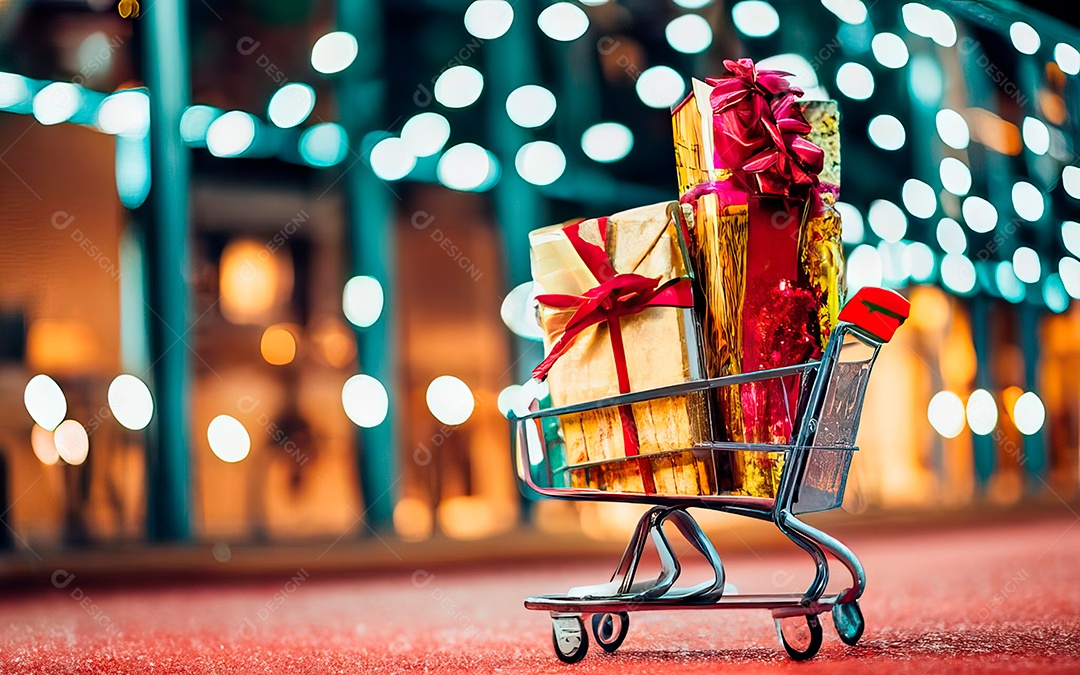 Presentes sobre carrinho de compras sobre fundo luzes de natal