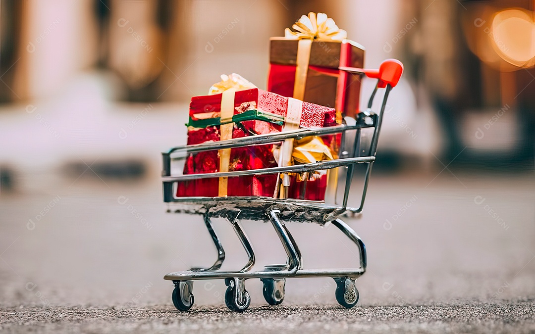 Presentes sobre carrinho de compras sobre fundo luzes de natal