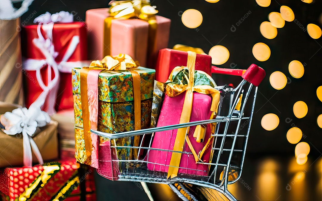 Presentes sobre carrinho de compras sobre fundo luzes de natal