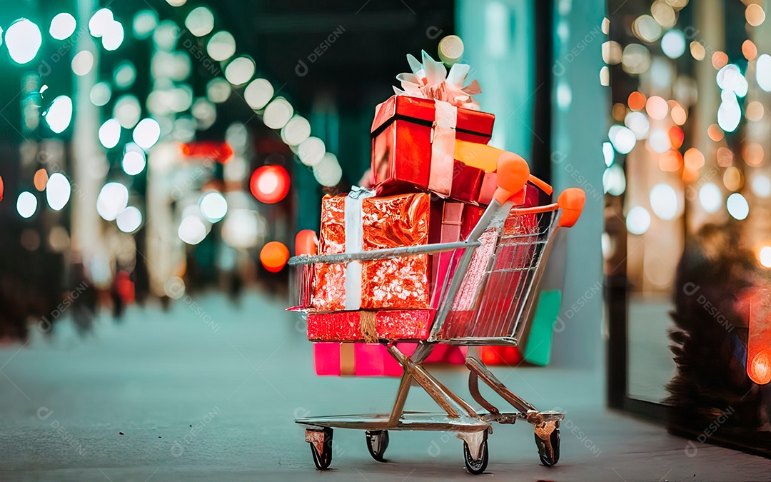 Presentes sobre carrinho de compras sobre fundo luzes de natal