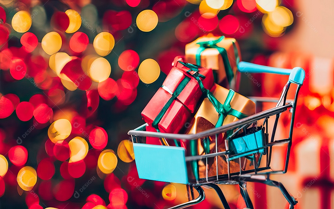 Presentes sobre carrinho de compras sobre fundo luzes de natal
