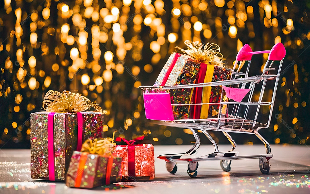 Presentes sobre carrinho de compras sobre fundo luzes de natal