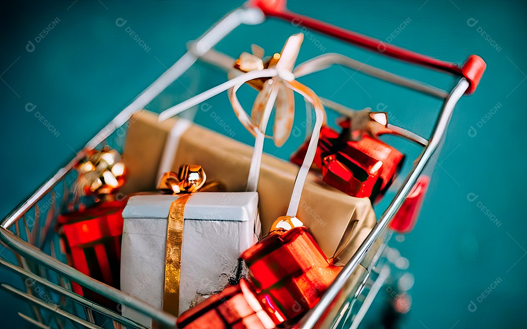 Presentes sobre carrinho de compras sobre fundo luzes de natal