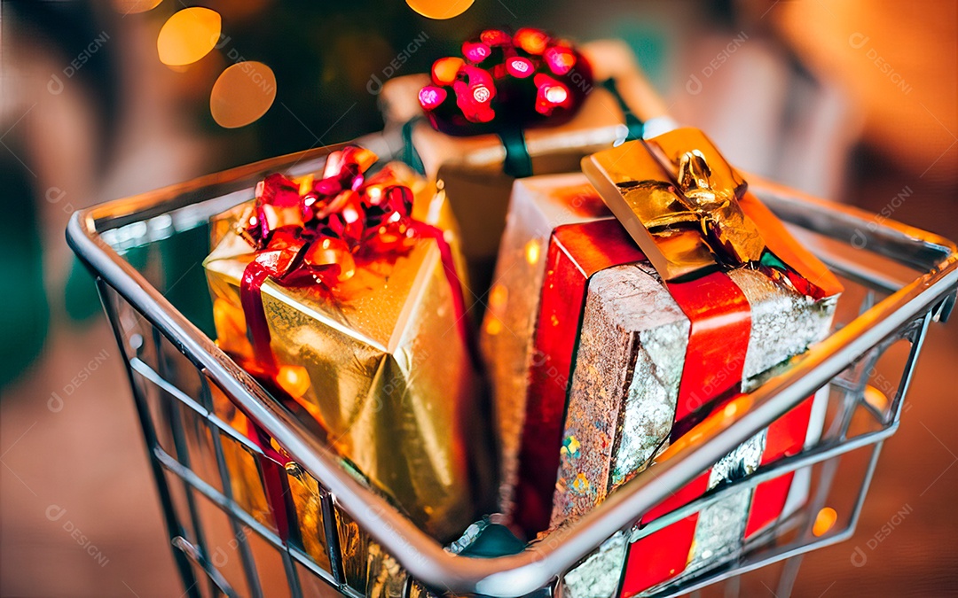 Presentes sobre carrinho de compras sobre fundo luzes de natal