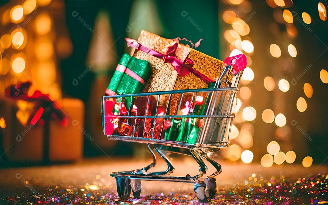 Presentes sobre carrinho de compras sobre fundo luzes de natal