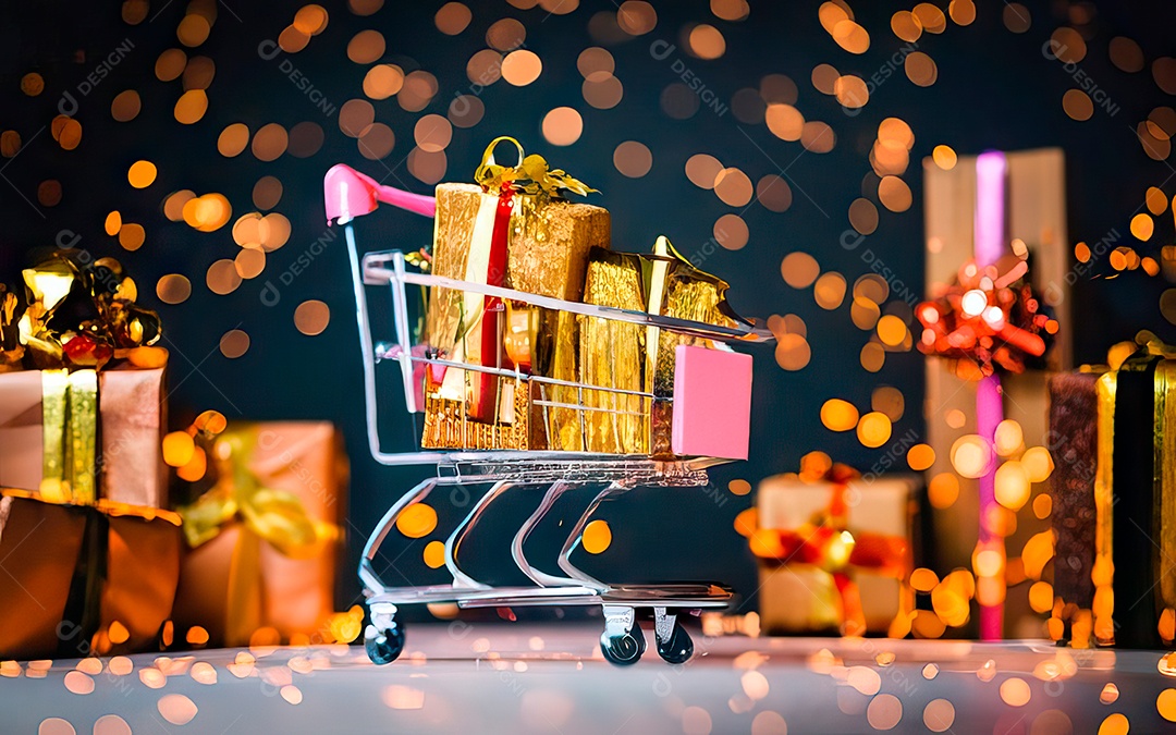Presentes sobre carrinho de compras sobre fundo luzes de natal